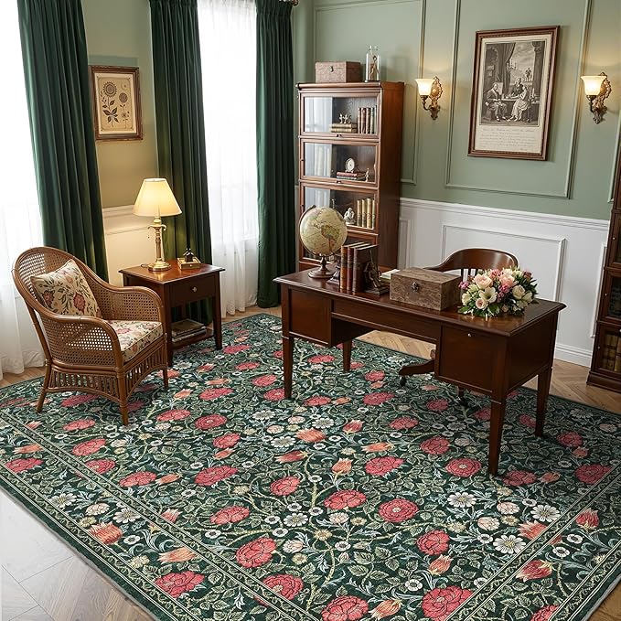 GarveeHome Green Vintage Floral Washable Rugs 5x7 for Living Room Boho Botanical Retro Rug Low Pile Stain Resistance Non Slip Carpet for Bedroom Nursery Dining Room
