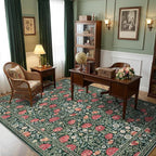 GarveeHome Green Vintage Floral Washable 6x9 Area Rugs for Living Room Boho Botanical Retro Rug Low Pile Stain Resistance Non Slip Carpet for Bedroom Nursery Dining Room