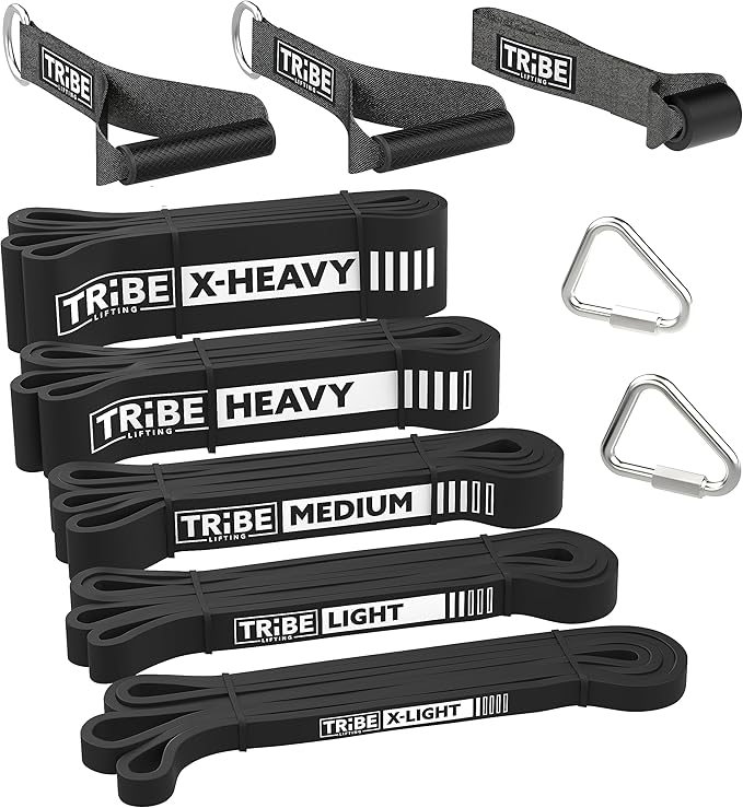 Tribe Lifting Resistance Bands for Working Out Men and Women - Set of 5 Pull Up Bands for Strength Training, Exercise Bands with Handles, Door Anchor and Bar Options for Home Gym