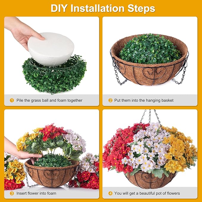 Artificial Flower in Hanging Basket Outdoor Indoor Decoration,Coconut Lining Flowerpot with Faux Plant,Daisy with Eucalyptus Leaves Arrangement for Home Spring Summer Decor(Red White Yellow)