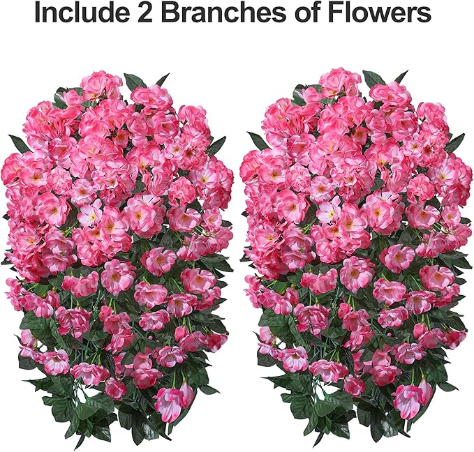 Ivydale Artificial Fake Flowers Geraniums for Outdoors Spring Summer Decor, 2 PCS Realistic Faux Hanging Plants UV Resistant Silk Flowers for Outsdie Planters Porch Patio Garden Outdoor Home, Fuchsia