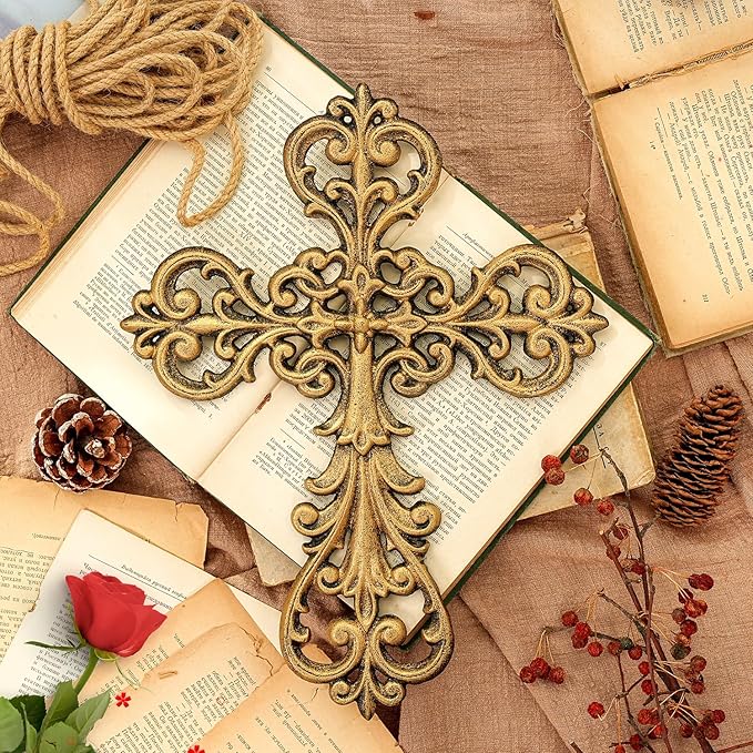 Sungmor Vintage Cast Iron Cross Wall Decor, 13.8" Tall Heavy Duty Rustic Gold Finish Wall Sculpture,Ornate Metal Art Farmhouse Home Decor