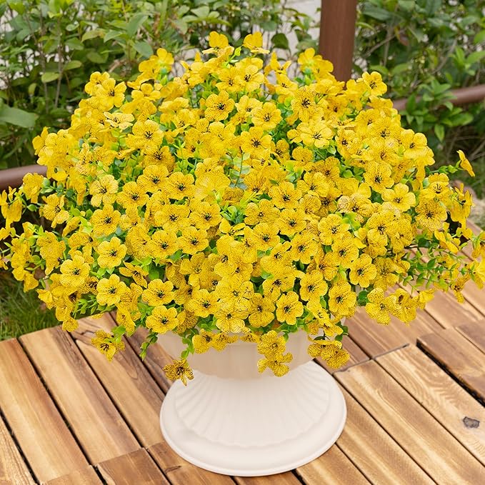 Artificial Fake Flowers Plants for Outdoors Outside Fall Autumn Decorations,Faux Mums Flowers Plants Silk Daisy Greenery Realistic UV Resistant Planter Front Porch Patio Garden Home 16 Bundles（Yellow）
