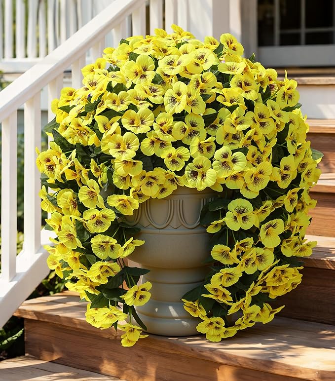 HyeFlora Artificial Flowers for Outdoors 2pcs Faux Silk Pansy Vines Lush UV Resistant Fake Hanging Flower Plants for Outside Porch Yard Patio Window Box (Yellow)