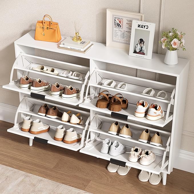 Shoe Cabinet for Entryway with 4 Flip Drawers, Slim Wooden Shoe Storage Organizer with Modern Fluted Pannel，Freestanding Narrow Hidden Shoe Rack for Hallway, Foyer, Living Room