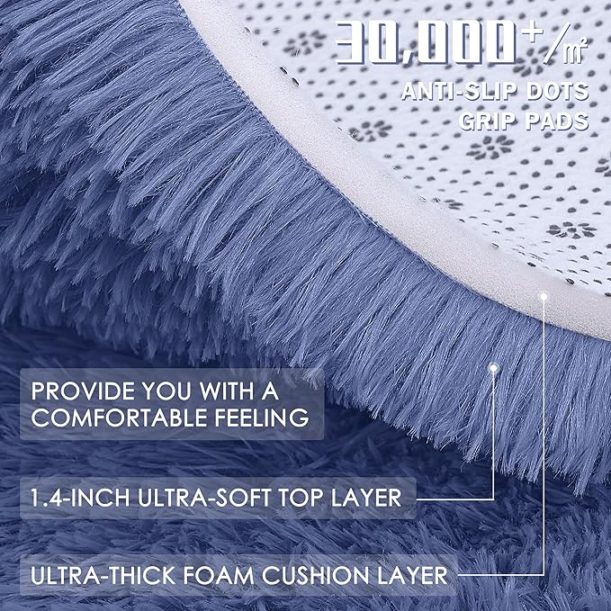 OLANLY Denim Blue Round Rugs for Bedroom - Machine Washable, 9 ft Circle Area Rugs for Living Room, Soft and Fluffy Shaggy Carpet for Teen Girl and Boys, Nursery Rooms, Dorms, Home Decor Aesthetic