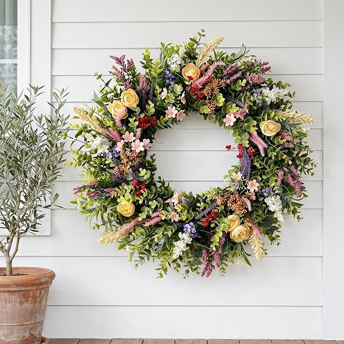 Lush Eucalyptus Wreath for Front Door - 24" Colorful Floral Wreath with 10+ Mixed Foliage & Blooms - All-Season Farmhouse Outdoor Wreath for Spring Summer Porch Wall Decor
