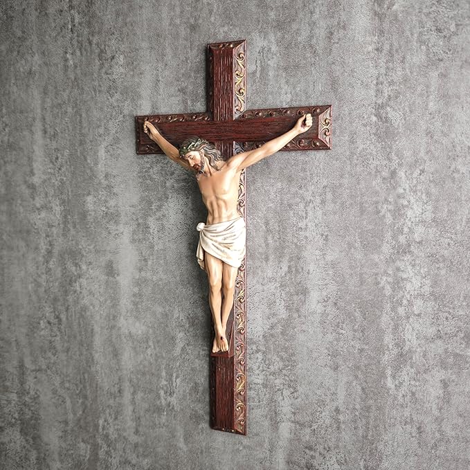 BC Catholic Crucifix Wall Cross, 12" H Jesus Christ Cross Home Decor, Religious Devout Gift, Wood Carve Looking, Hand Painted by Buildclassic
