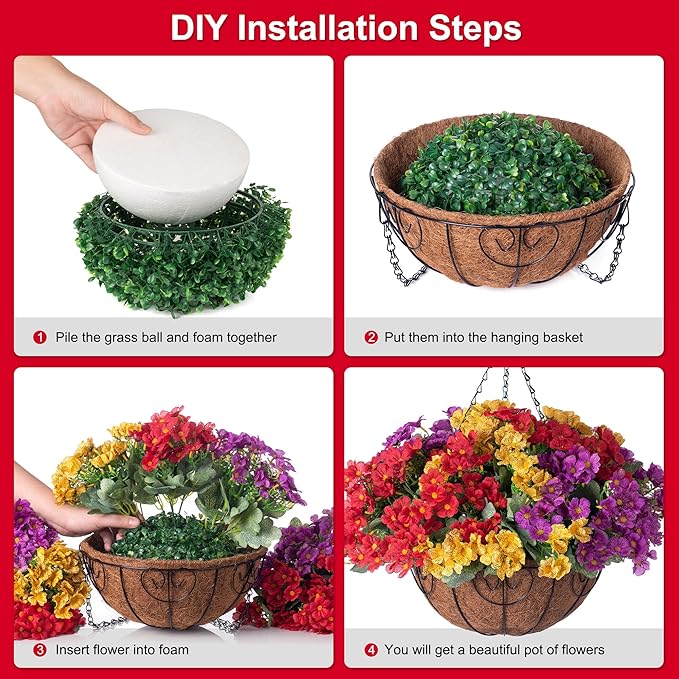 Artificial Flower in Hanging Basket Outdoor Indoor Garden Yard,Coconut Lining Flowerpot with Faux Plant,Daisy with Eucalyptus Leaves Arrangement for Home Spring Summer Decor(Red Purple Yellow)