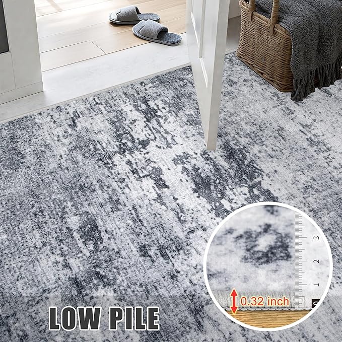Round Area Rug for Living Room: 5 ft Washable Modern Abstract Soft Thin Rug Indoor Floor No Slip Stain Resistant Carpet for Bedroom Dining Room Farmhouse Nursery Home Office - Grey