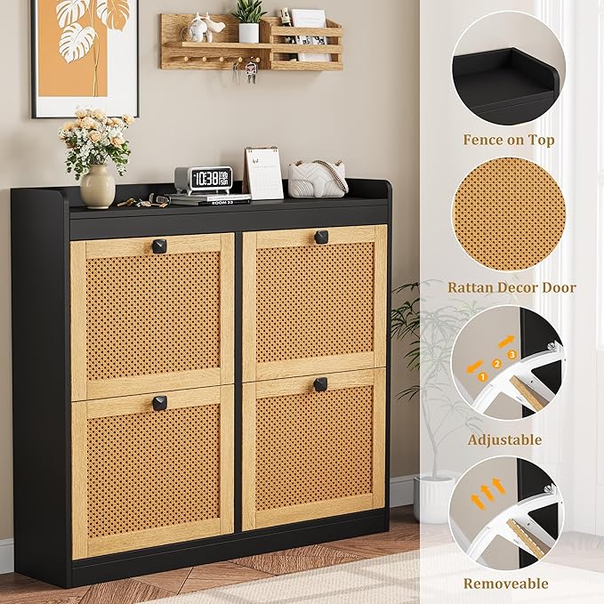 GarveeHome Shoe Cabinet Rattan with 4 Flip Drawers, Wooden Freestanding Shoe Organizer with Adjustable Shelves, Shoe Storage for Entryway, Closet, Hallway