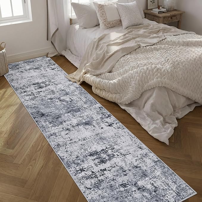 2.6'x14' Runner Rug Washable Rug: Modern Abstract Soft Thin Runner Rug Grey