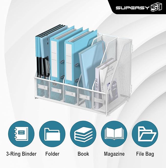 SUPEASY Desk Organizers Metal Desk Magazine File Holder with 5 Vertical Compartments Rack File Organizer for Office Desktop, Classroom, Home Workspace, White Plus