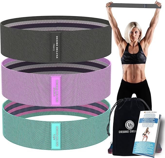 Desire Deluxe Premium Resistance Bands Set – Fabric Stretch Bands for Strength Training, Physical Therapy, Pilates & Yoga, Non-Slip Workout Bands for Men & Women (3 Pack)