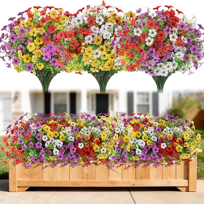 24 Bundles Artificial Flowers for Outdoors Decorations, Fake Flowers Artificial Plants Outdoor, Colorful Daisy Eucalyptus Realistic UV Resistant for Garden Patio Porch Home Decor