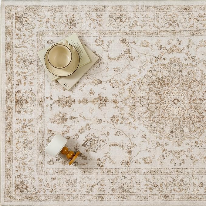 8x10 Beige Area Rug Washable Living Room Vintage Carpet Bedroom Distressed Large Non Slip Low Pile Thin Dining Room Office Medallion Accent Throw Rug