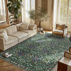 Washable Dark Green 6x9 Oriental Style Area Rug for Dining Room Under Table & Living Room, Low Pile Non-Slip Stain Resistant Carpet for Bedroom