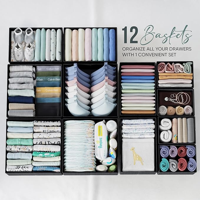 Drawer Organizer Clothes Set of 12 Black - Dresser Organizer For Nursery, Bedroom, Closet - Perfect Baby Clothes Organizer and Storage & General Nursery Organization or Dresser Drawer Organizers