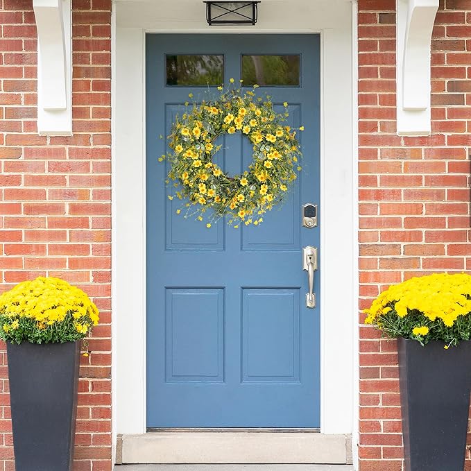 Sggvecsy Yellow Daisy Wreath 24 Inch Spring Summer Wreath Fake Silk Floral Wreath with Green Eucalyptus Leaves and Lavender for Front Door Window Wall Wedding Farmhouse Festival Decor