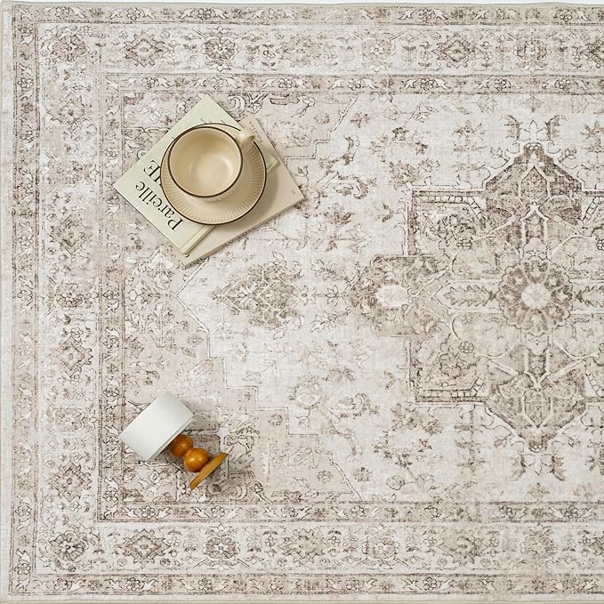Taupe Area Rug 2x3 Washable Vintage Entryway Carpet Non Slip Retro Distressed Door Mat Low Pile Soft Oriental Medallion Thin Small Throw Rug for Kitchen Bedroom Office Bathroom Laundry