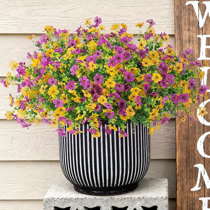 Artificial Fake Mums Flowers for Outdoor Spring Summer Decor, 12 Bundles Faux Silk Plants Daisy for Planter Pot Colorful UV Resistant Look Real for Front Door Porch Patio Outside Yard(Purple Yellow)