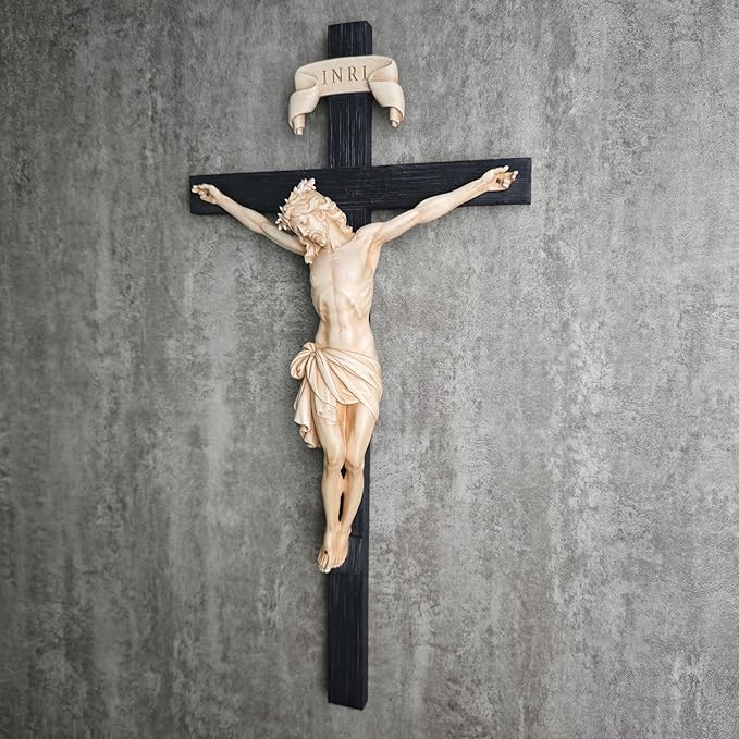 BC Catholic Crucifix Wall Cross, Elegant Modern Home Decor, Religious Gifts for House Warming, 16" H, Renaissance Sculpture Handmade by Buildclassic (Bone Beige)