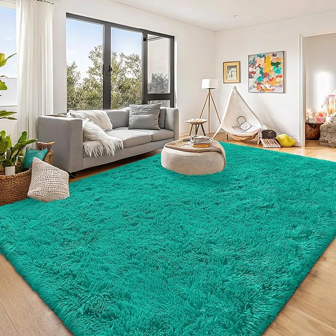 OLANLY 9x12 Machine Washable Large Area Rugs for Living Room, Bedroom, Soft Fluffy Shaggy Bedside Rug, Indoor Floor Carpet for Kids Girls and Boys, Dorms, Nursery, Home Decor Aesthetic, Teal Green