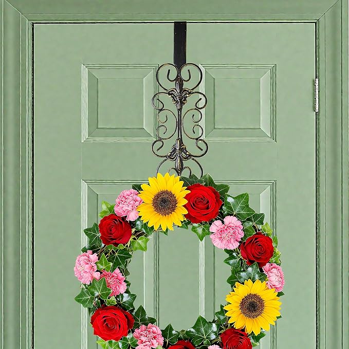 2 PCS Wreath Hangers for Front Door 15.5" Wreath Hook Over the Door, Decorative Scroll and Fleur De lis Wreath Holder,Antique Brass