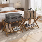Smuxee Fully Assembled Black Walnut Luggage Racks Pack of 2, Upgraded Bamboo Foldable Suitcase Stand with 5 Nylon Straps, Luggage Holder with Shelf for Guest Room Bedroom Hotel