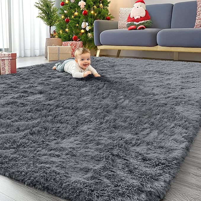 OLANLY 8x9 Machine Washable Large Area Rugs for Living Room, Bedroom, Soft Fluffy Shaggy Bedside Rug, Indoor Floor Carpet for Kids Girls and Boys, Dorms, Nursery, Home Decor Aesthetic, Grey