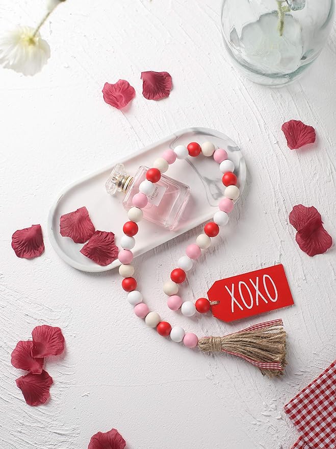 Valentine’s Day Wood Bead Garland with Tassels and XOXO Wooden Embellishments Rustic Farmhouse Tiered Tray Wedding Decorations Home Decor (Red & White XOXO)