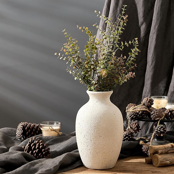 Large Ceramic Rustic Flower Vase, 10.43 Inch Tall Vintage Pottery Home Decor, Antique Farmhouse Terracotta Vase for Living Room, Table, Shelf, Mantel Decoration, Farmhouse - Cream-White