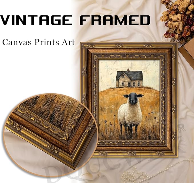 Vintage Gold Framed Wall Art Retro Country Sheep Oil Painting Canvas Prints Farmhouse Landscape Picture Wall Decor Rustic Farmhouse Animal Poster Artwork for Living Room Bedroom Bathroom, 9x11in