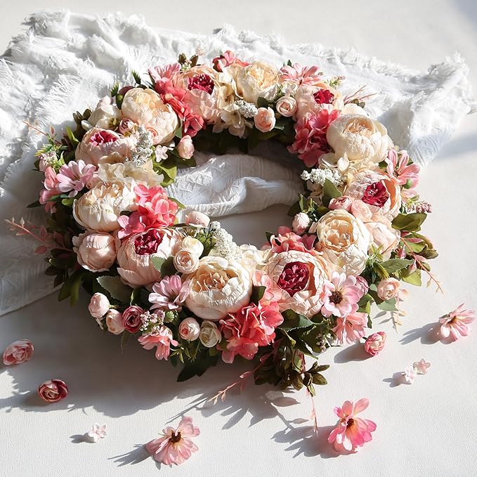 Peony Wreath 23'' Spring Wreaths for Front Door, Artificial Large Floral Wreath for Front Door Wall Decor, Valentine’s Day Home Wedding Housewarming Gift EZsenses (Light Pink)