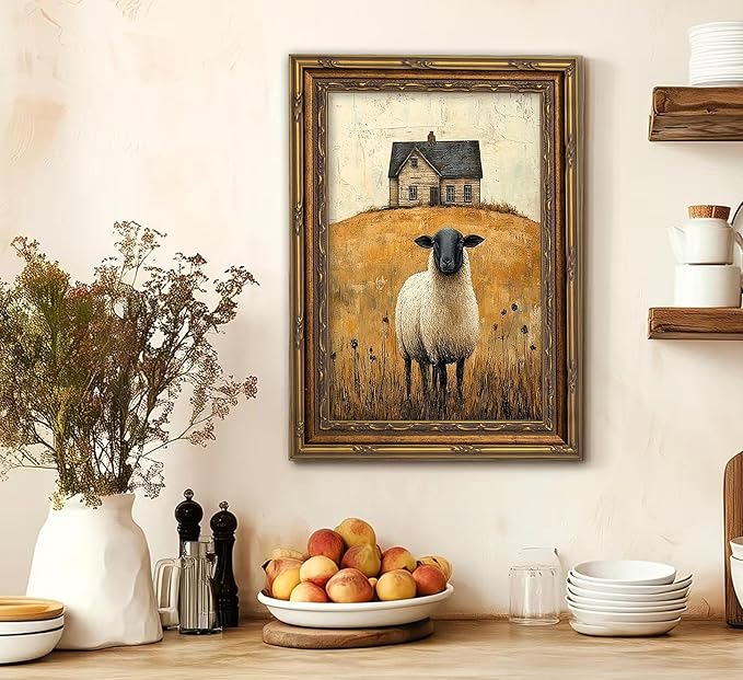 Vintage Gold Framed Wall Art Retro Country Sheep Oil Painting Canvas Prints Farmhouse Landscape Picture Wall Decor Rustic Farmhouse Animal Poster Artwork for Living Room Bedroom Bathroom, 9x11in