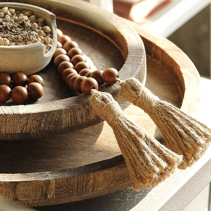 Meplait 39in Wood Bead Garland Farmhouse with Tassels,Versatile Prayer Beads Boho Chic Wall Hanging Home Decor (Brown)