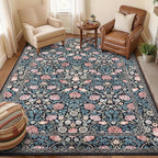 GarveeHome Indigo Blue and Pink Vintage Floral Washable 5x7 Area Rugs for Living Room Boho Retro Rug Low Pile Stain Resistance Non Slip Carpet for Bedroom Nursery Dining Room