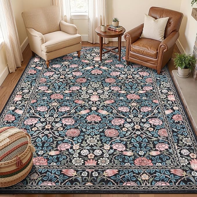 GarveeHome Indigo Blue and Pink Vintage Floral Washable 5x7 Area Rugs for Living Room Boho Retro Rug Low Pile Stain Resistance Non Slip Carpet for Bedroom Nursery Dining Room