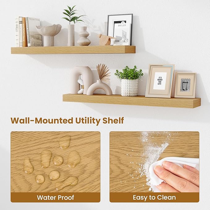 Fun Memories Floating Shelves for Room Wall, 36 Inch Long Shelf Set of 2， Hanging Wood Shelves for Storage & Display, Oak
