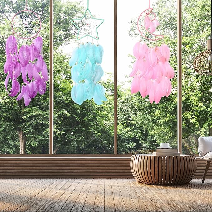 Jetec 3 Pcs Dream Catcher Moon Sun Star Design Handmade Traditional Design Craft Ornament Wall Art Hanging Home Decoration Bedroom Wedding(Sweet Color)