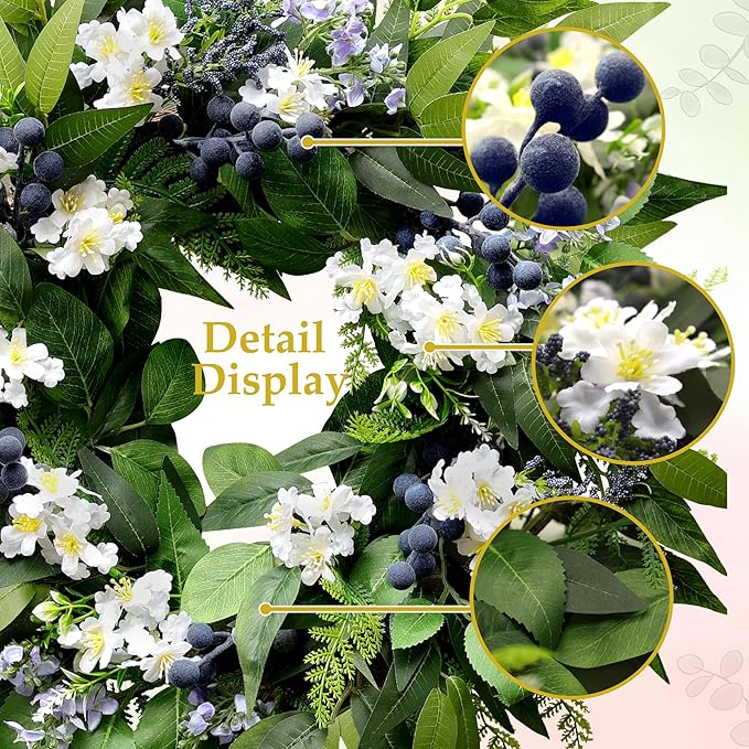 22 Inch Blueberry Spring Summer Wreath for Front Door, Artificial Wreath with Blue Berries and White Blossoms, Modern Farmhouse Wall Wedding Home Outdoor Decor, Year Round All Season Greenery Wreath