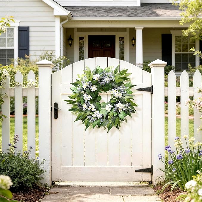 22 Inch Blueberry Spring Summer Wreath for Front Door, Artificial Wreath with Blue Berries and White Blossoms, Modern Farmhouse Wall Wedding Home Outdoor Decor, Year Round All Season Greenery Wreath