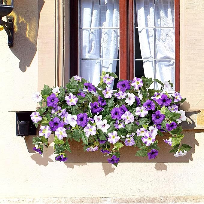 4 Pcs Artificial Fake Petunia Flowers for Outdoor Decoration, Faux Silk Petunias Flower for Spring UV Resistant No Fade Realistic Plants for Garden Balcony Yard Porch Indoor Decor(Purple White)