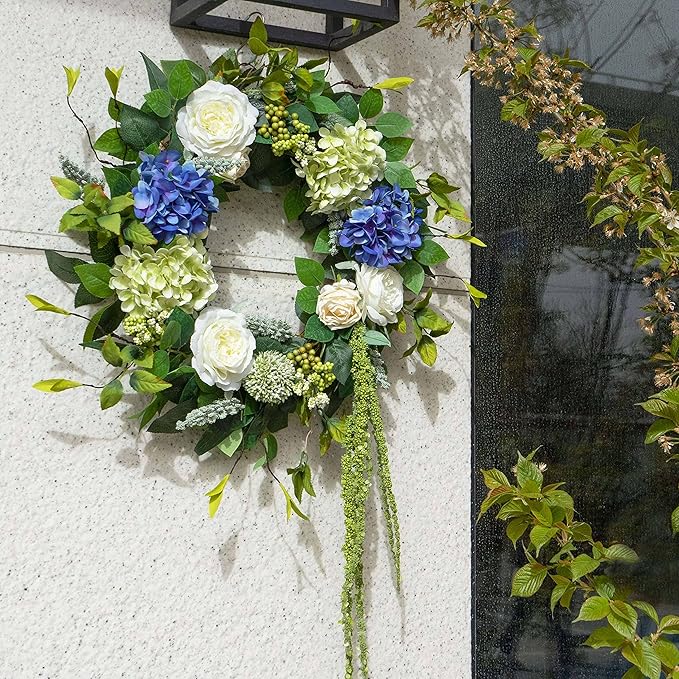 Spring Summer Wreaths for Front Door 24 Inch Summer Wreath with Hydrangea, Rose & Peony Floral Spring Door Wreath with Lush Greenery for Indoor & Outdoor Seasonal Home Decor