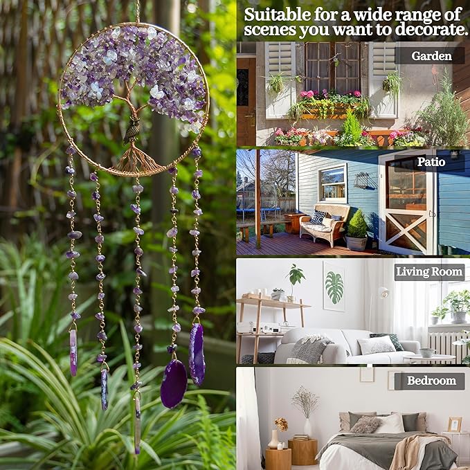 Purple Tree of Life Dream Catchers with Agate Pendant Natural Dream Catchers for Aunt Wall Decor Handmade Dreamcatcher Wall Hanging Ornament for Bedroom Living Room Home Decor