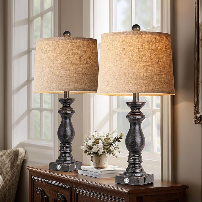 24.5" Table Lamp Set of 2, Rustic Farmhouse Bedside Lamps with USB A+C Charging Ports, 3-Way Dimmable Touch Control Nightstand Lamps for Living Room Bedroom, Antique Black, LED Bulbs Included