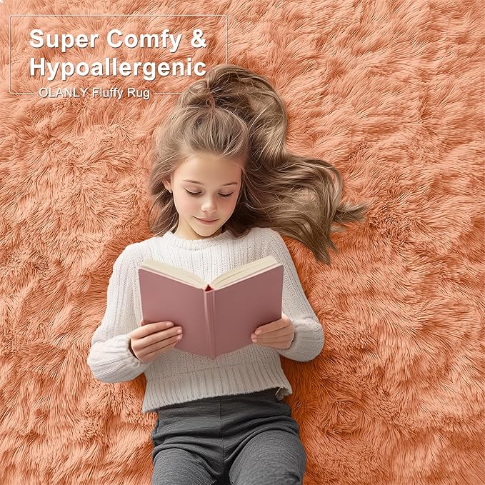 OLANLY 3x5 Machine Washable Small Bedside Rug, Soft Fluffy Shaggy Rugs for Living Room, Bedroom, Indoor Floor Carpet for Kids Girls and Boys, Preppy Dorms, Nursery, Home Decor Aesthetic, Muted Orange
