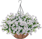 Artificial Faux Hanging Plants Flowers Basket for Outdoors Decoration,Hanging Planters with Fake Silk Daisy Flowers for Outside,UV Resistant Realistic Porch Patio Balcony Garden Yard Home Decor（White）