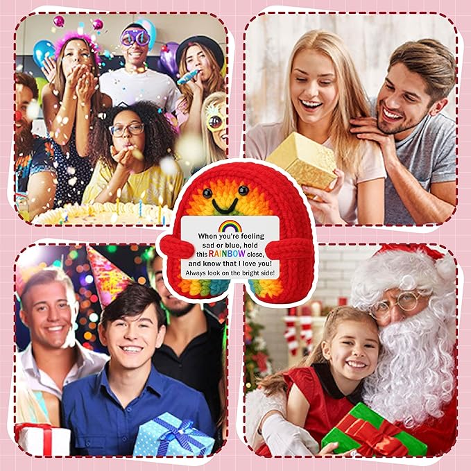 3 inch Positive Rainbow Handmade Knitted Wool Doll with Positive Card Inspiring Gifts for Cheer Up Emotional Support Encouragement Friends