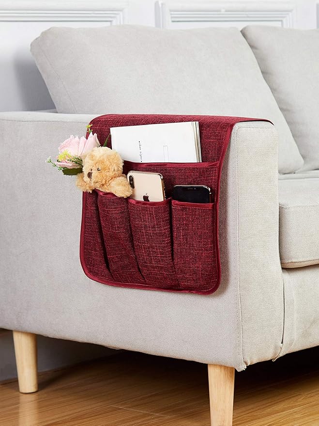 Sofa Armrest Organizer Non-Slip Arm Chair Hanging Caddy Remote Control Holder for Magazine, Phone, Books, Glasses(WineRed,13in)